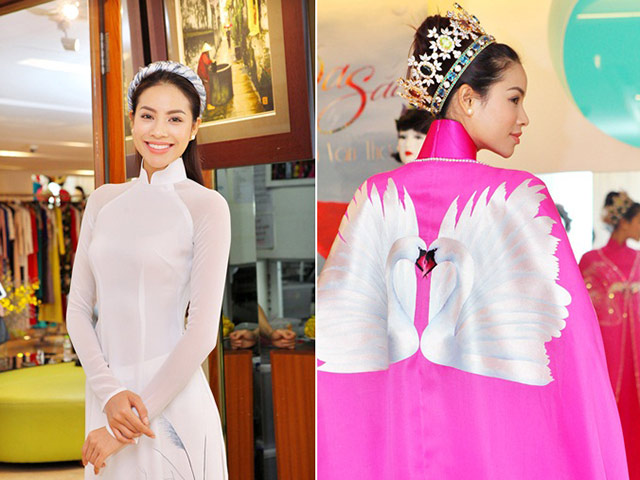 Phạm Hương  đội vương miện, thử áo dài "độc"
