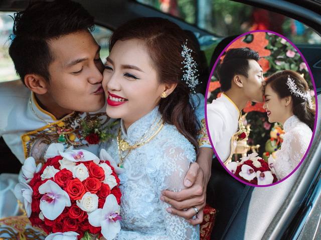 Quang Tuấn hôn má Linh Phi trong lễ rước dâu