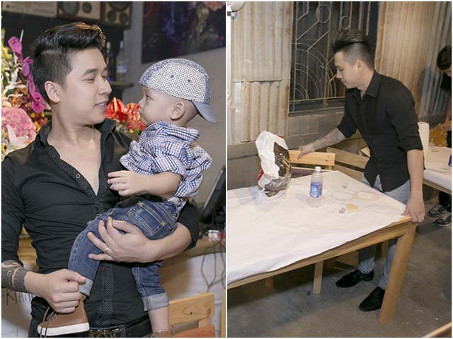 Lê Hoàng The Men vừa bế con vừa tất bật phụ vợ