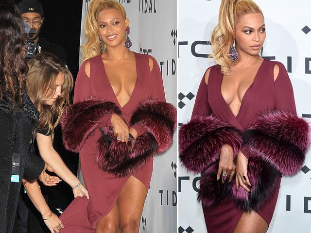 Nữ trợ lý toát mồ hôi vì váy hở bạo của Beyonce