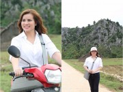 Làng sao - Hoa hậu Kim Hồng đi xe máy trao quà từ thiện cho bà con Quảng Bình