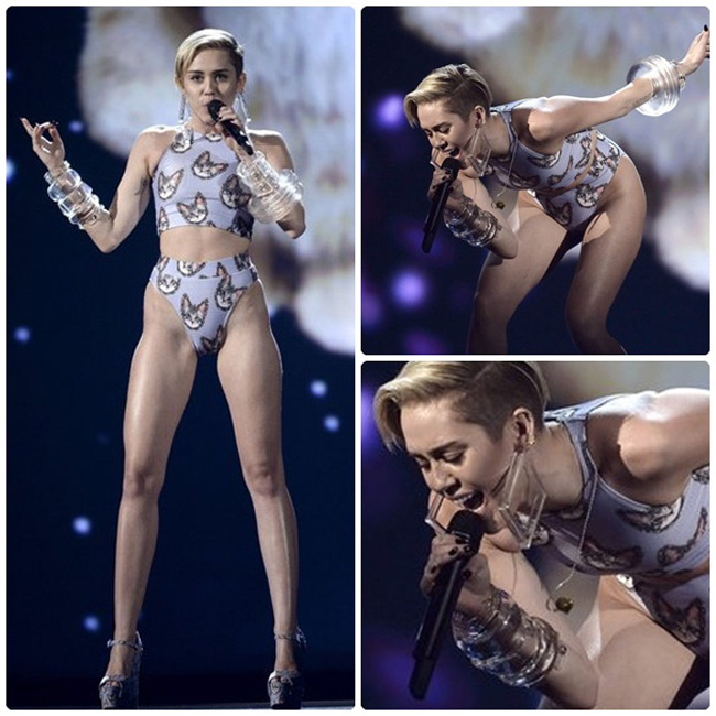 Miley Cyrus cháy hết mình trên sân khấu với bộ cánh siêu ngắn, nếu không gọi là nội y thì chưa biết nên gọi là gì.
