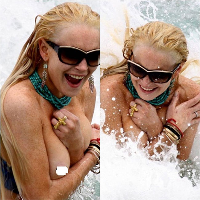 Lindsay Lohan cười chữa ngượng khi bị sóng đánh tuột áo tắm.
