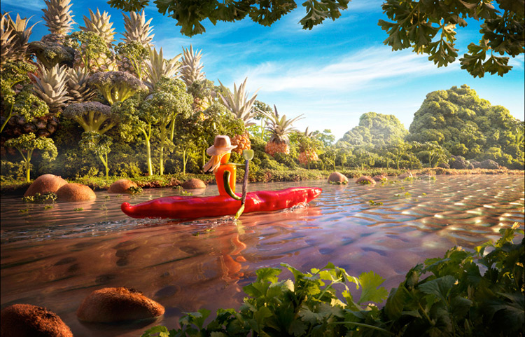 Cảnh một cô gái đang bơi thuyền trên sông amazon bằng quả ớt, cà rốt... Cánh rừng từ súp lơ xanh, và đá dưới nước chính là những trái kiwi.
