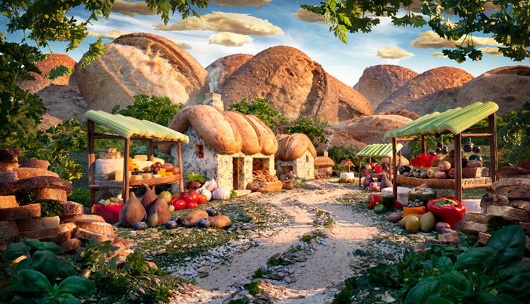 Một ngôi làng trong núi bằng bánh mì, và các loại quả.
