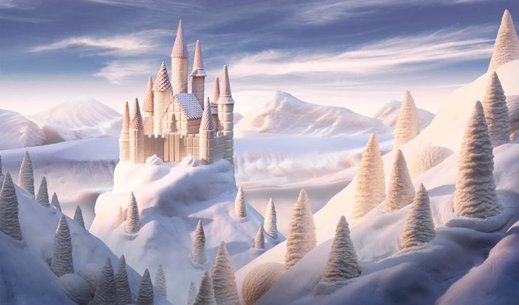 Lâu đài tuyết làm từ kem, đường bột, bánh quế
