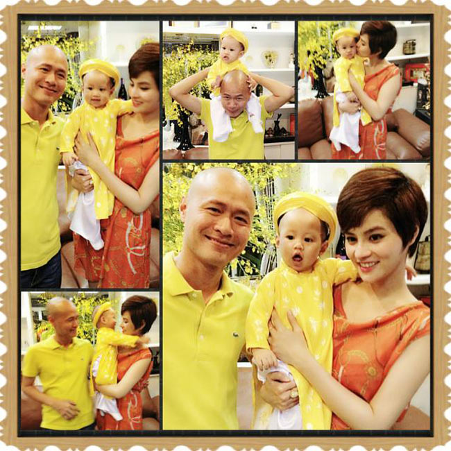 Anna vừa cùng ba mẹ đón cái Tết đầu tiên trong bộ áo dài truyền thống màu vàng rất đáng yêu.
