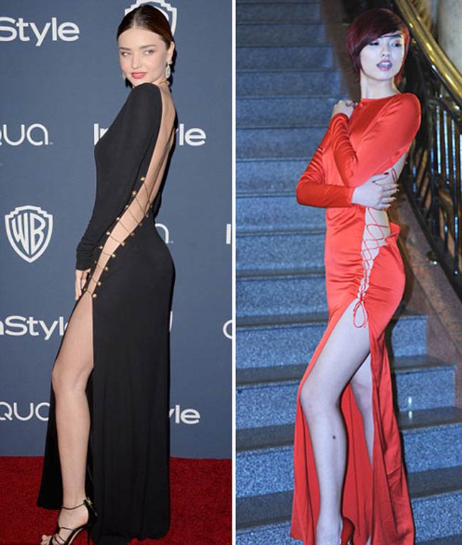 Cùng một kiểu dáng váy nhưng Hồng Quế chưa thể đạt được đẳng cấp sexy như bà mẹ một con, Miranda Kerr.
