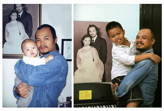Một bức ảnh chụp hai bố con xưa và nay trên facebook Trần Lập gây thích thú. 
