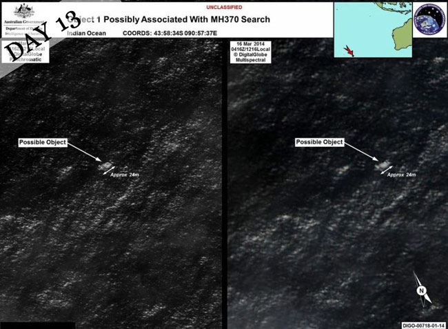 Ngày thứ 13: 20/3

Cục hàng hải Úc tiết lộ bức ảnh vệ tinh chụp được vật thể lạ dài 24m trên biển Ấn Độ Dương nghi là mảnh vỡ của MH 370.
