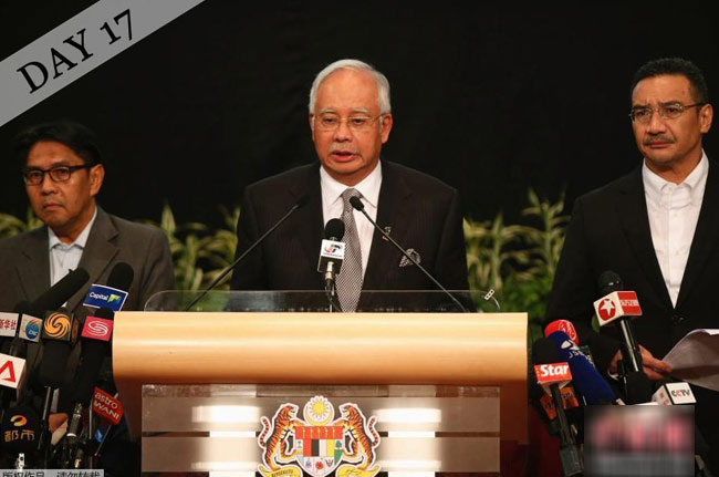 Ngày thứ 17: 24/3

Thủ tướng Malaysia tổ chức họp báo khẩn tuyên bố theo phân tích dữ liệu mới, MH 370 đã rơi ở nam Ấn Độ Dương và “không ai sống sót”.
