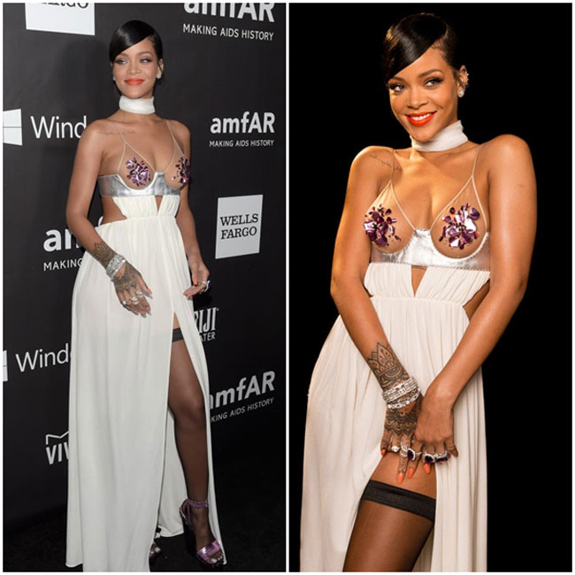 Tại bữa tiệc Gala amfAR LA 2014, Rihanna đã kích thích trí tò mò của các vị khách mời bởi chiếc váy cắt xẻ vô cùng táo bạo, đặc biệt là phần thân trên thông thoáng.
