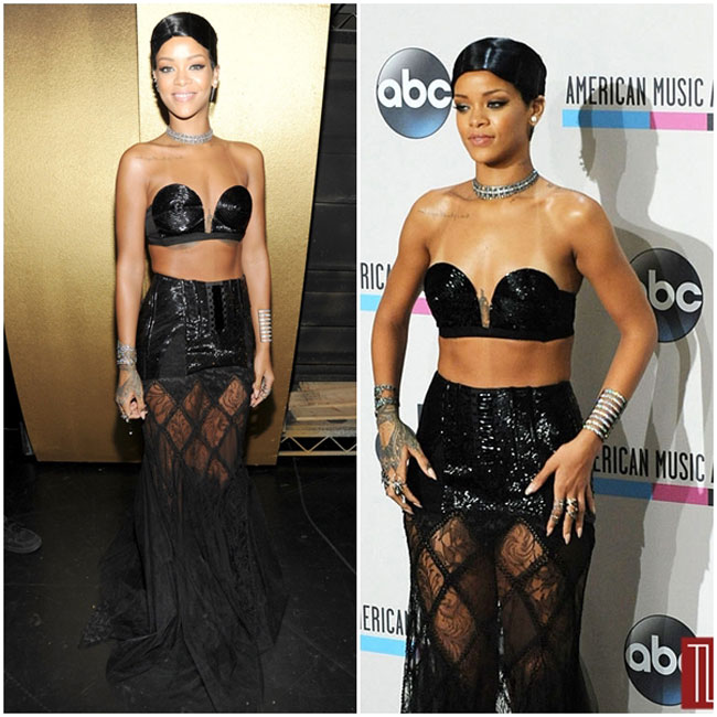 Màu đen là màu yêu thích của Rihanna và cô cũng biết cách gây ấn tượng với gam màu này.
