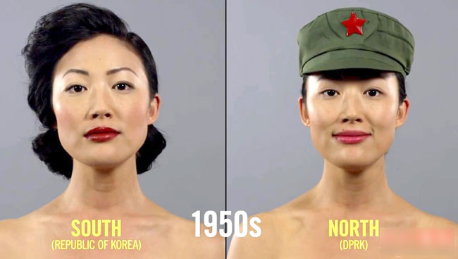 Năm 1950, chiến tranh Nam-Bắc Triều Tiên diễn ra và theo đó, phụ nữ hai khu vực này cũng có sự khác nhau về làm đẹp. Trong khi phụ nữ Hàn Quốc uốn mái và búi tóc thì phụ nữ Triều Tiên cột tóc gọn gàng trong chiếc mũ của quân đội. 
