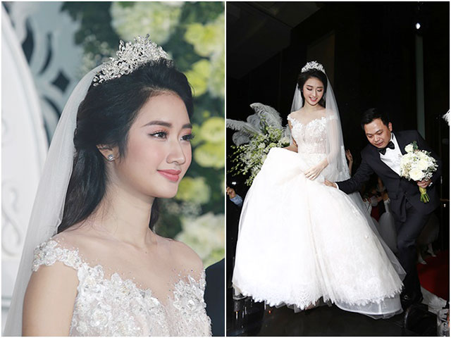 Hoa hậu Thu Ngân được chồng đại gia hết mực chăm sóc, nâng váy trong tiệc cưới