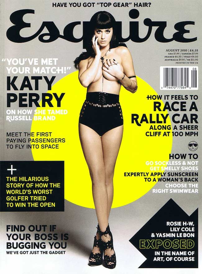 Katy Perry bán khỏa thân với một tay che tấm ngực căng tròn trên tạp chí Essquire ấn phẩm tháng 8/ 2010
