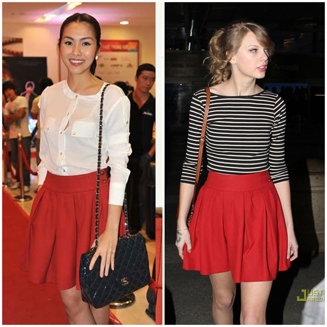 Chiếc váy đỏ ấn tượng này được Tăng Thanh Hà và Taylor Swift kết hợp rất thanh lịch. 