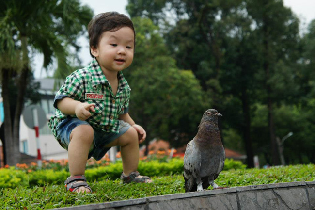 Bé nhìn thấy một 'bạn' rất lạ và thú vị nên lân la muốn làm quen.