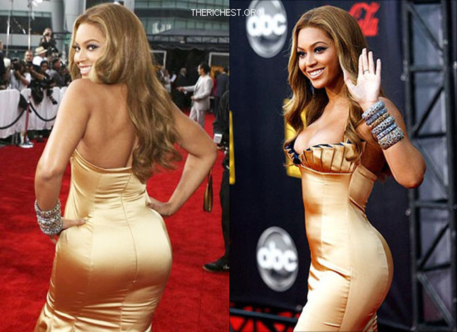Beyonce nhiều lần được ca ngợi là sở hữu cơ thể đẹp tự nhiên. Nhưng đôi khi cô vẫn dính vào nghi án sử dụng thêm miếng độn mông để tăng kích thước cho vòng 3.