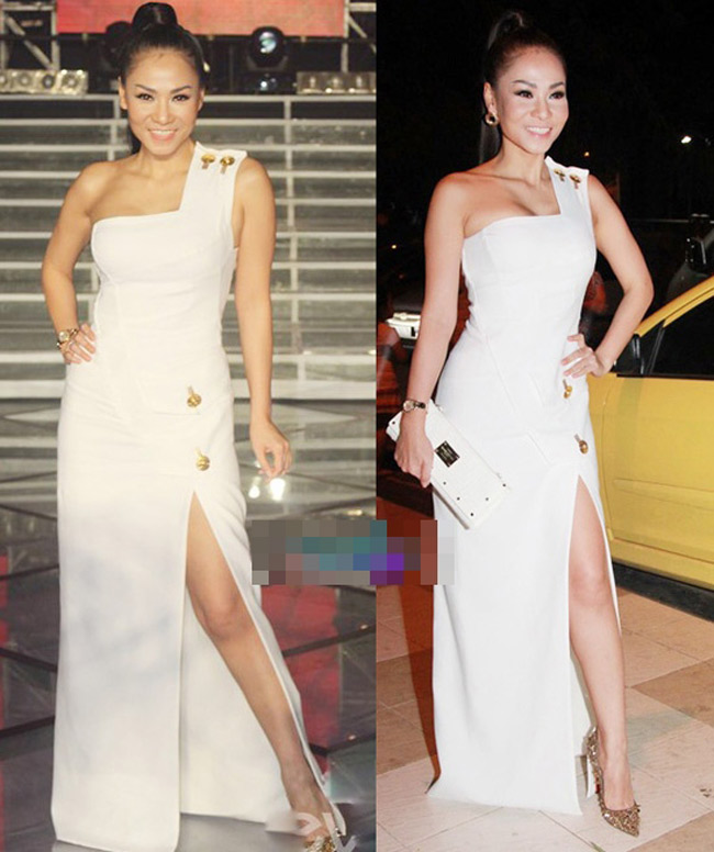 Thu Minh với chiếc váy Versace trắng có giá 150 triệu đồng. Thiết kế khẳng định đẳng cấp chịu chơi của nữ ca sĩ.