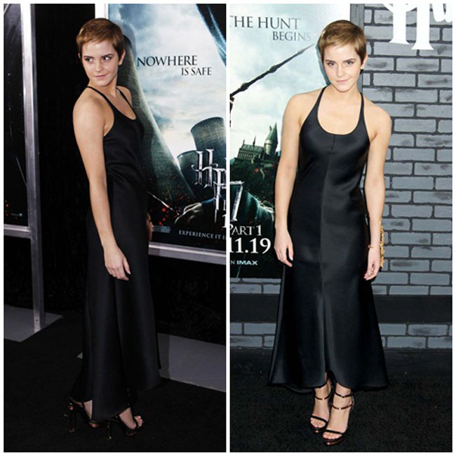 Chiếc váy đen tôn đường cong cho người mặc, nhưng cách mix đồ đơn giản của Emma khiến cô mang vẻ già giặn.
