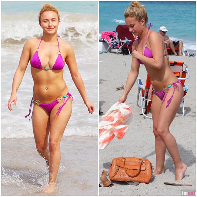Hayden Panetierre tung tăng trên bờ cát trắng với bikini hồng rực rỡ.
