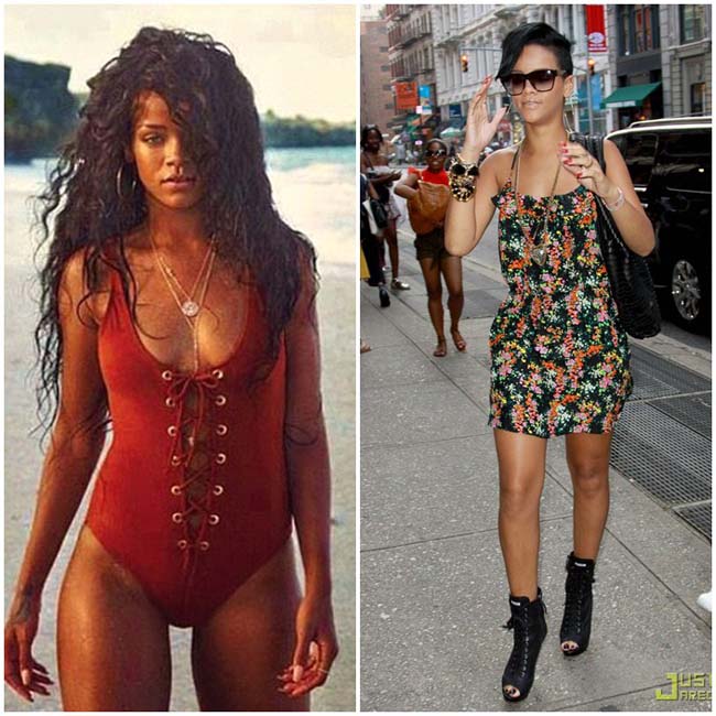 Rihanna ướt át trước biển trong bộ bikini liền thân màu đỏ gụ. Cô cũng lọt top người đẹp diện biniki chuẩn.

