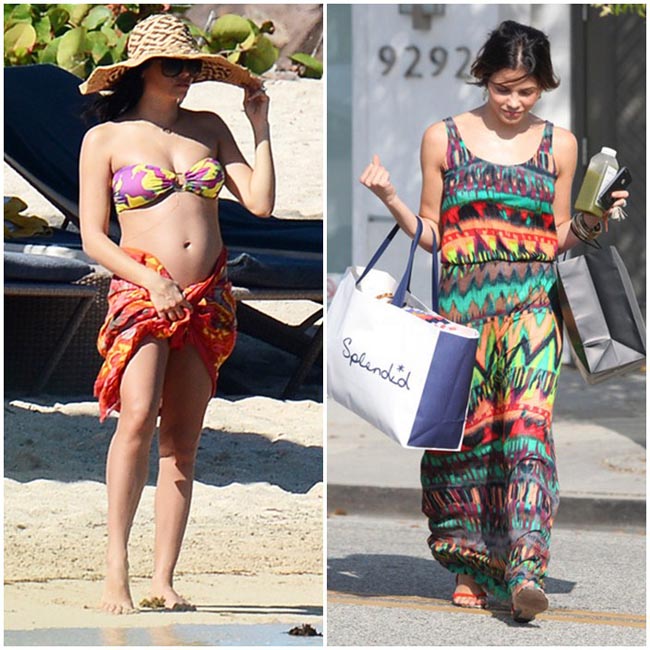 Jenna Dewan-Tatum chuộng váy maxi, hay phong cách cardigan ngày hè. Đến với biển, cô chọn bikini quây ngực hoa văn tươi mát.

