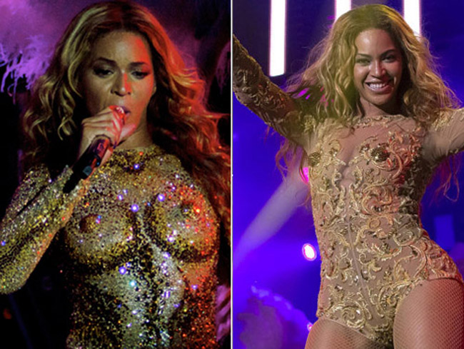 Beyonce quá nổi bật trên sân khấu với trang phục biểu diễn 'phô bày' vòng một theo kiểu 'kín mà không kín'.
