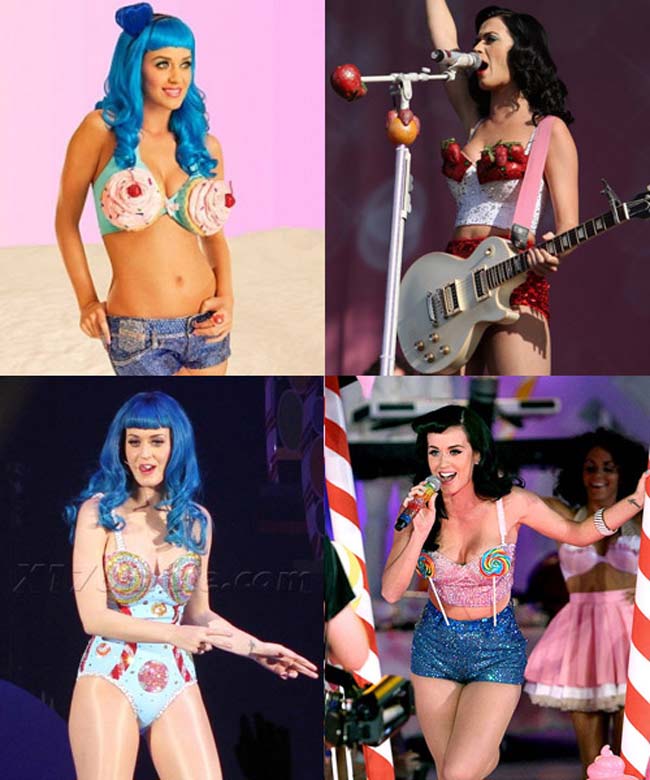 Katy Perry chọn phong cách áo ngực kẹo ngọt dễ thương. Trong mắt các tín đồ say mê thời trang nó có thể là lựa chọn độc đáo nhưng, với bộ phận lớn khán giả khác, những chiếc áo ngực kiểu này thực sự phản cảm.
