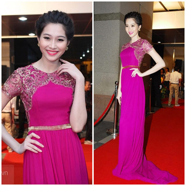 Hoa hậu Đặng Thu Thảo rạng rỡ sắc hồng.
