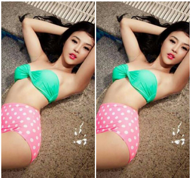 Hoa hậu Jula Hồ khoe đường cong gợi cảm với mẫu bikini cổ điển.
