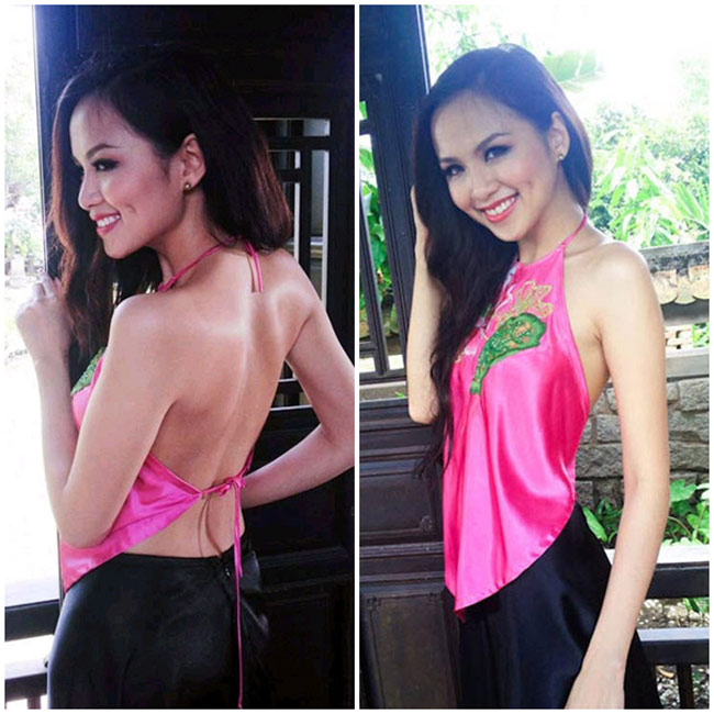 Hoa hậu Diễm Hương khoe vóc dáng mảnh mai với mẫu yếm thắm
