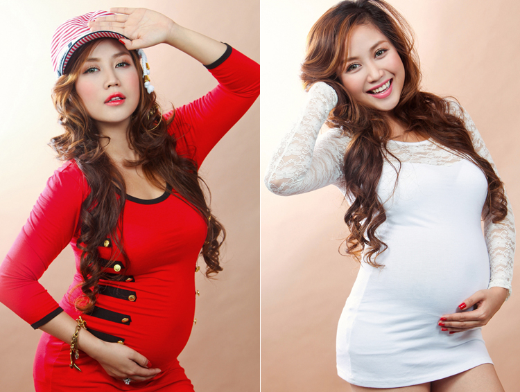 MC Ốc Thanh Vân cũng không bỏ qua xu hướng thời trang này khi mang bầu.
