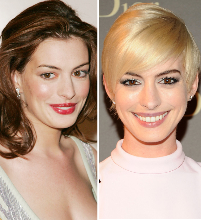 Anne Hathaway không chỉ gây ấn tượng với mái tóc siêu ngắn mà còn trở nên trẻ trung với tông bạch kim rực rỡ.