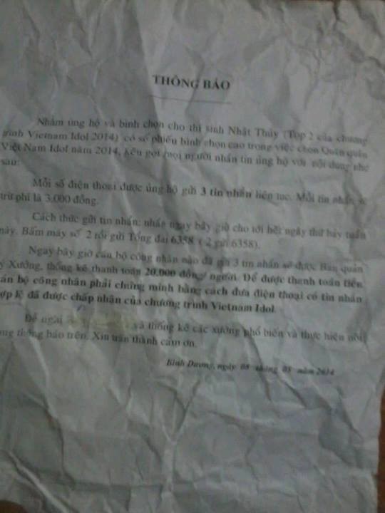Lộ bản thông báo trả tiền bình chọn Nhật Thủy - 1