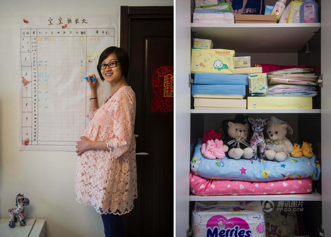 Mẹ Ching Yi đang khoe biểu đồ 9 tháng mang bầu, đánh dấu từng bước phát triển của thai nhi. Biểu đồ này được dán ngay trên tường nhà chồng cô ở Bắc Kinh. Tã, bỉm, đồ chơi, quần áo trẻ em Ching Yi đều đã mua đủ. Cô còn đặc biệt mua một cái tủ con để đựng những đồ sơ sinh này.
