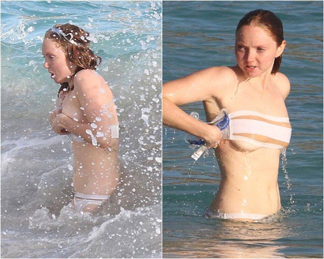 Người mẫu trẻ Lily Cole bất ngờ bị một cơn sóng mạnh tấn công, đánh rơi cả áo tắm.
