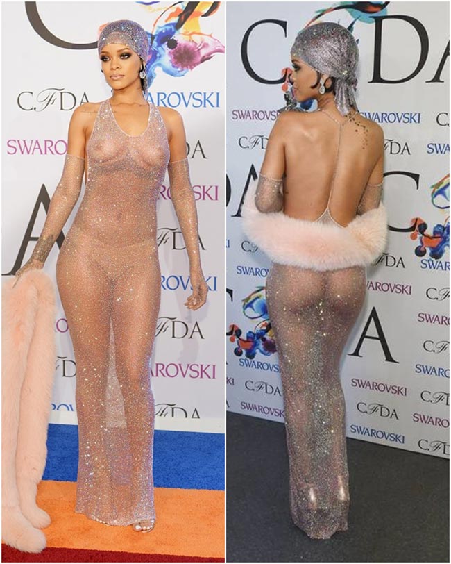 Chiếc váy trần trụi gây xôn xao gần đây nhất thuộc về Rihanna tại lễ trao giả CFDAs 2014.
