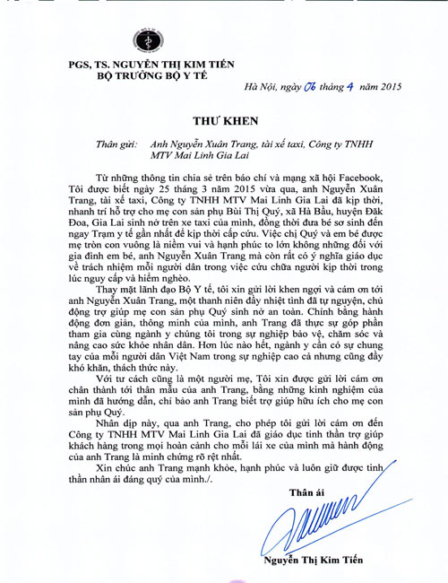 Bộ trưởng Nguyễn Kim Tiến gửi thư khen lái xe taxi đỡ đẻ trên xe - 1