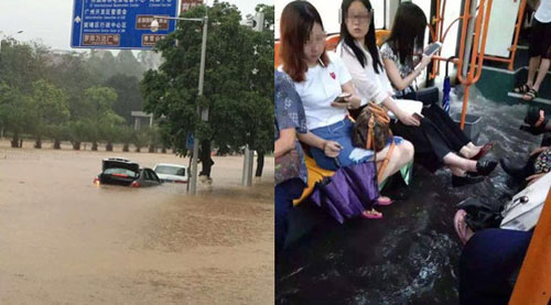 Mưa lớn gây ngập lụt, người dân Quảng Châu lướt ca nô trên phố - 1