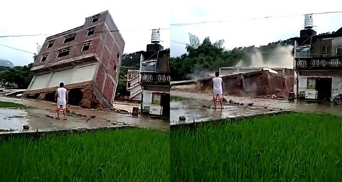 Video: Nhà 3 tầng ở TQ sập trong tích tắc do mưa lớn - 1