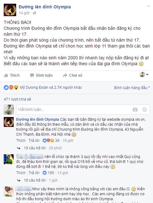 #039;Đường lên đỉnh Olympia#039; gây tranh cãi khi không nhận thí sinh lớp 12 - 1
