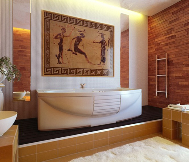 Phòng tắm theo phong cách của Hy Lạp với bức trang trang trí các nhân vật trong thần thoại. Kiểu dáng hiện đại của bồn tắm mang lại sự cuốn hút ánh mắt nhìn.