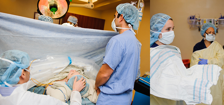 Trong khi các bác sĩ đang tiến hành phẫu thuật để lấy bé ra từ bụng mẹ thì y tá đã mở sẵn khăn sạch để bác sĩ đặt em bé lên.
