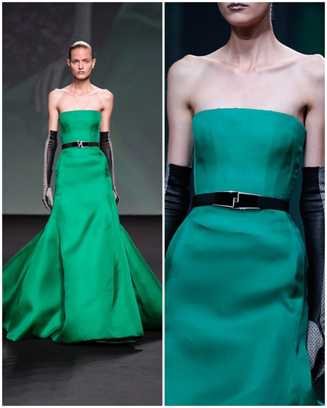 Bộ đầm của Christian Dior khiến người xem liên tưởng đến bộ đầm mà nữ diễn viên Jennifer Lawrence tại lễ trao giải Oscar vừa qua. Gam màu xanh ngọc giúp thiết kế toát lên vẻ đẹp sang trọng.
