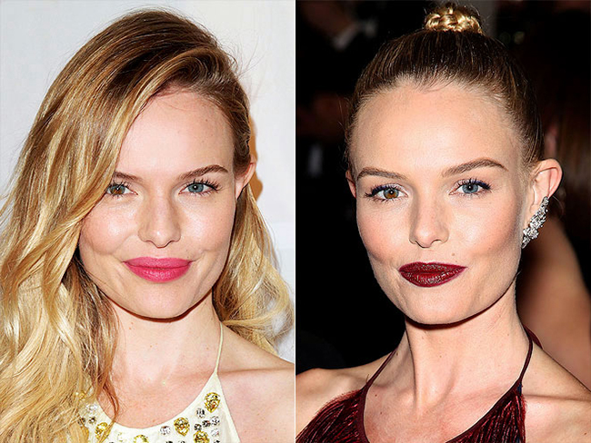 Kate Bosworth khá ngọt với son hồng sen khi đi chơi ban ngày. Tuy nhiên buổi tối, màu son đỏ đậm khiến cô nổi bật hơn hẳn.
