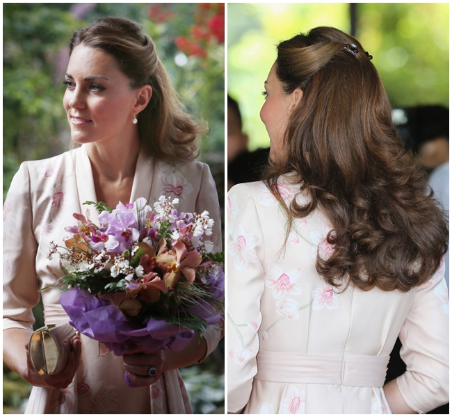 Kiểu tóc xoăn đuôi bồng bềnh cực đẹp khiến công nương Kate như nàng công chúa vừa bước ra khỏi câu chuyện cổ tích.
