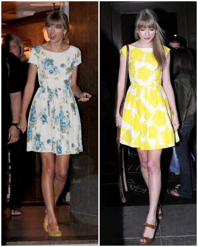 Taylor Swift rất chuộng những kiểu đầm liền, có ống tay in họa tiết hoa rực rỡ.
