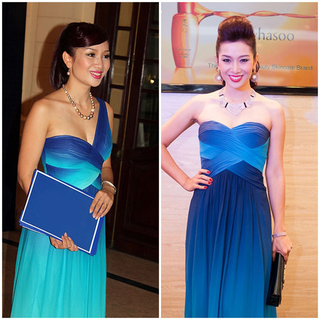 Có thể thấy 2 bộ đầm của Hoa khôi Thu Hương nằm trong cùng một bộ sưu tập. Chiếc váy lệch vai được cô diện tại một sự kiện vào giữa năm 2012. Còn bộ đầm quây ngực được mặc trong một sự kiện mới đây nhất.
